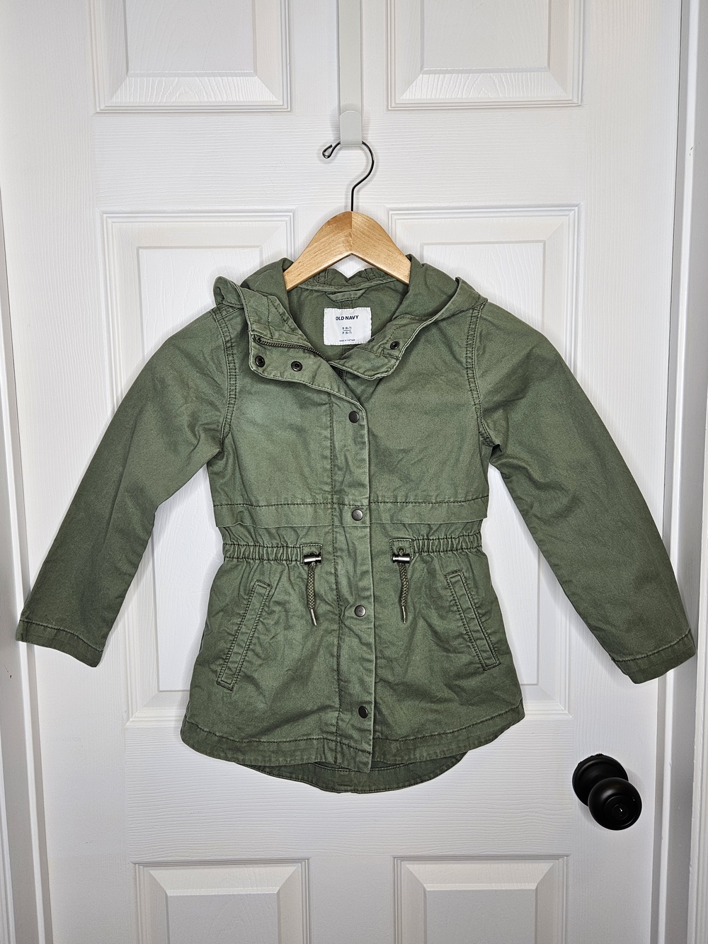 Old Navy Girls Olive Green Utility Jacket Hooded Cotton Drawstring Size S